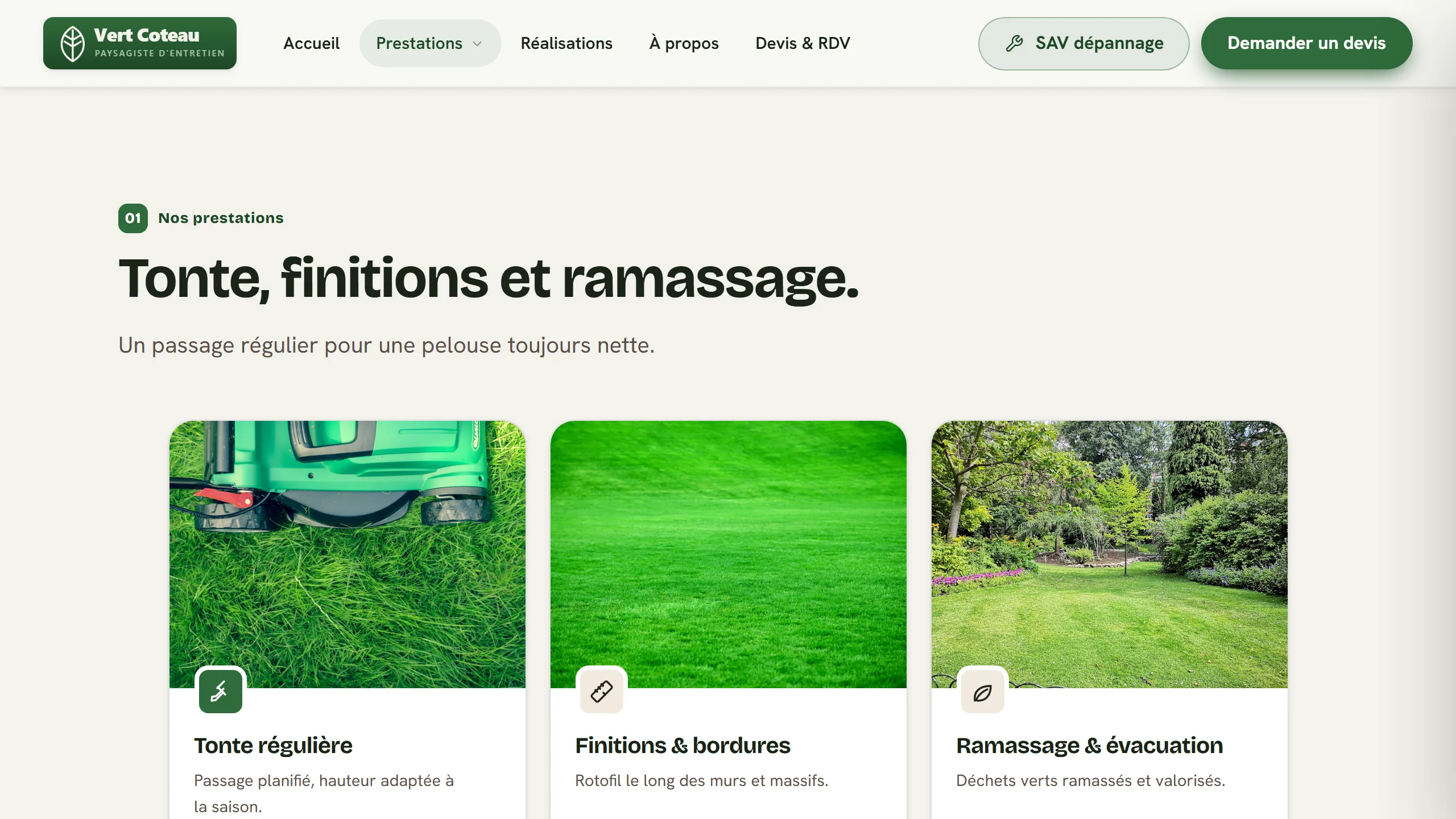 Une page complète par prestation